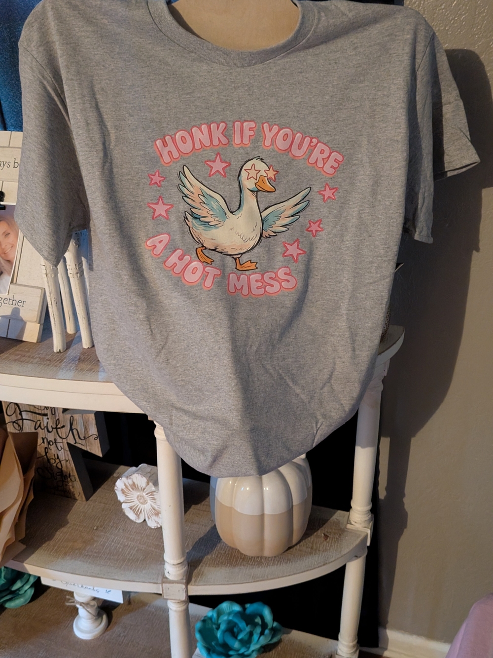 Gildan Gray Short Sleeve Tee with Pink & Teal Goose Graphic